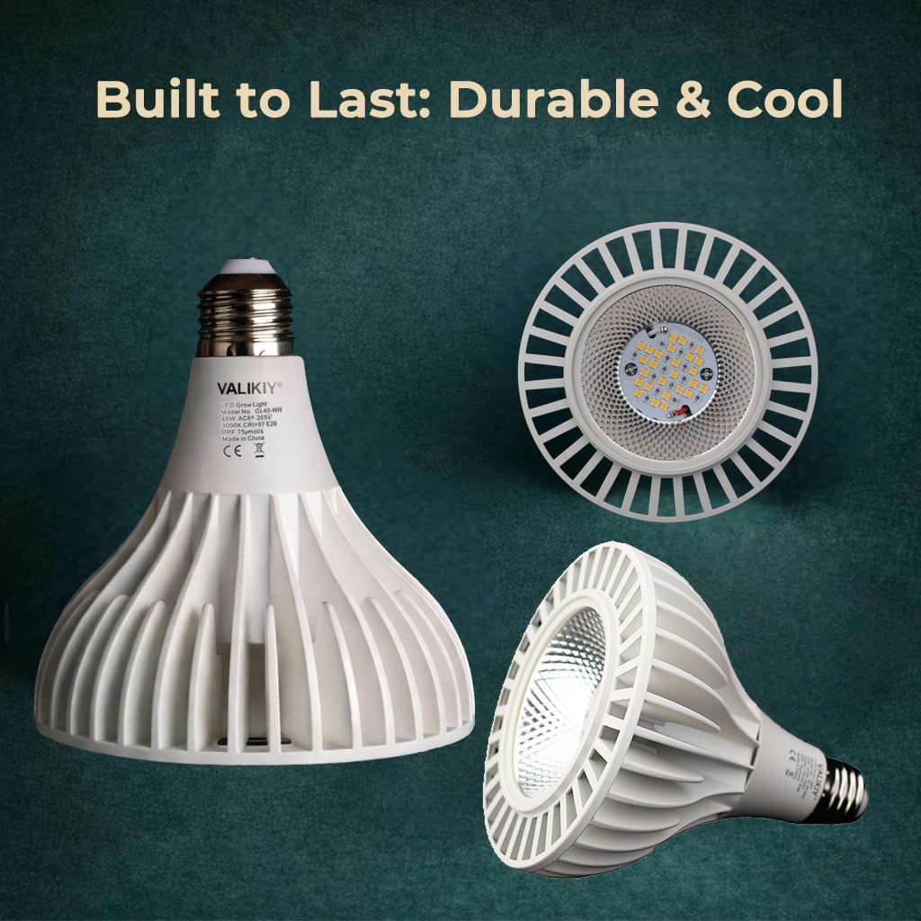 Grow Lights for Indoor Plants, 40W LED Full Spectrum Grow Bulb, 3000K Warm White (E26/E27), CRI 97+, Non-Dimmable, for Houseplants in Low-Light Rooms, White