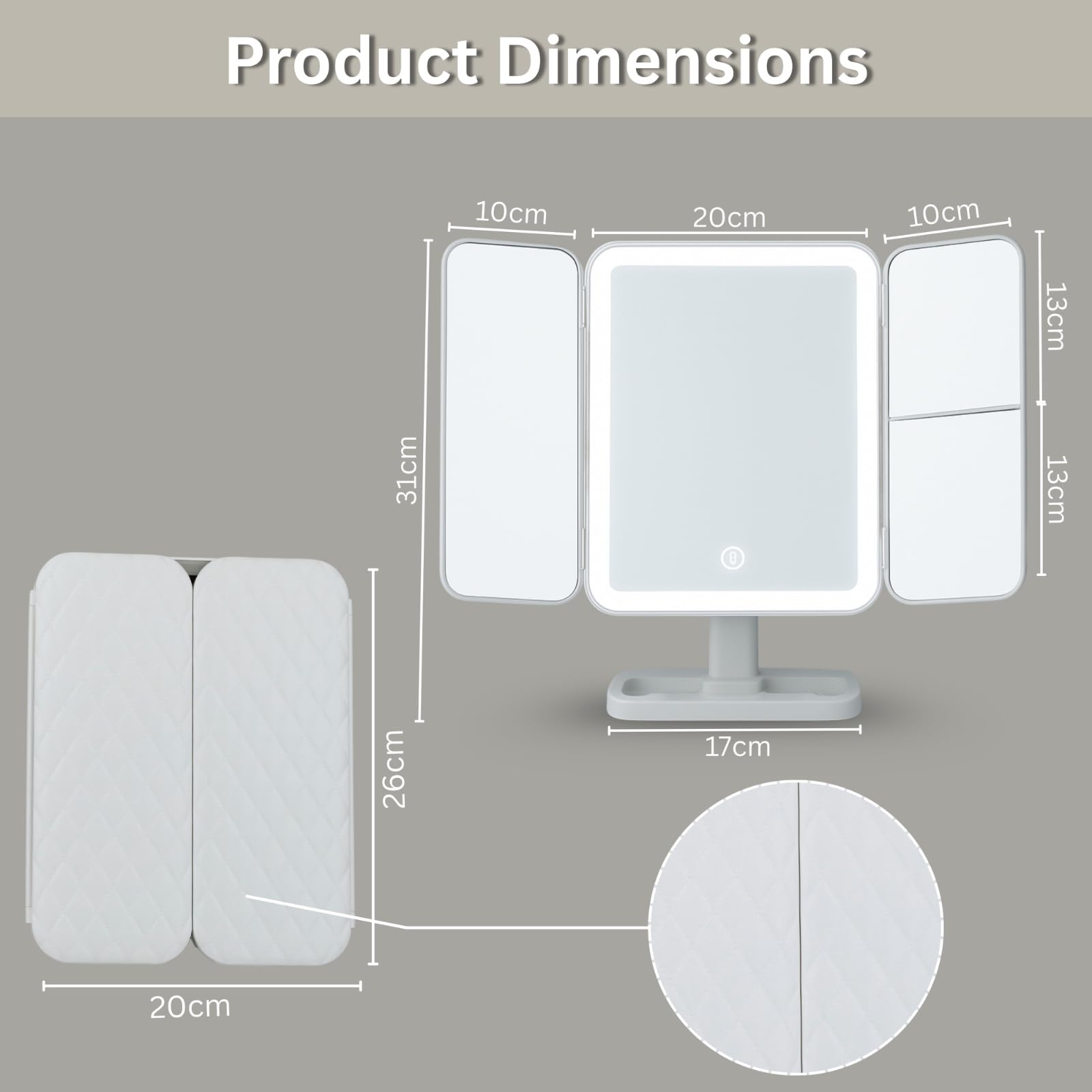 SELLSHO Plastic Rectangular LED Makeup Mirror with Adjustable Trifold Angle and LED Lights | Vanity Mirror with 3 Adjustable Coloured LED Light with USB Power and Battery Power (White), Tabletop 1