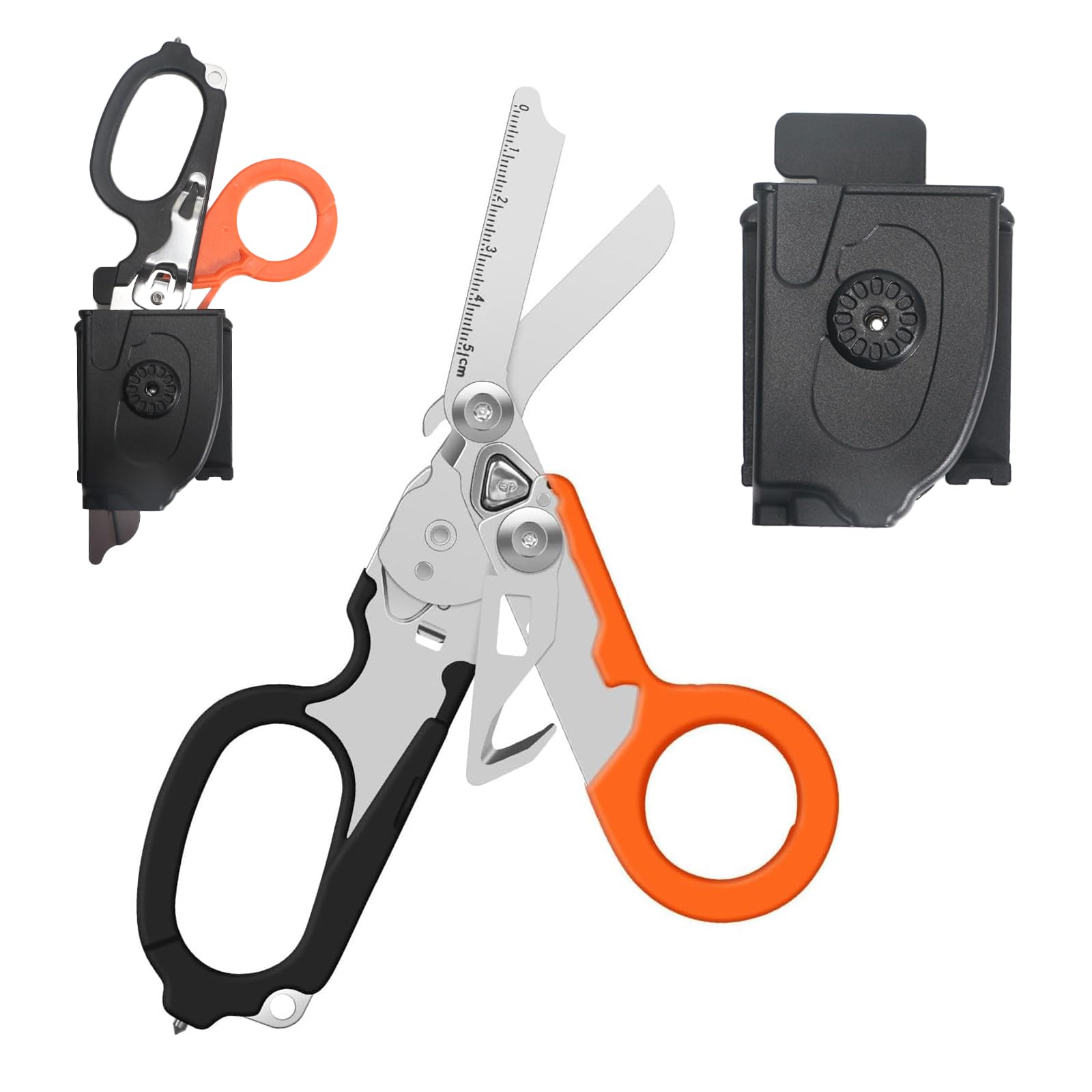 Trauma-Schere, Rettungsschere Multitool, Notfallschere, Glasbrecher, Gurtschneider, Schwarz-Orange