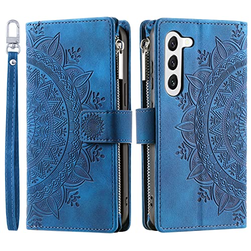 Custodia a Portafoglio per Samsung Galaxy S23 5G con Motivo Floreale Scomparti per Carte di Credito pelle - Blu