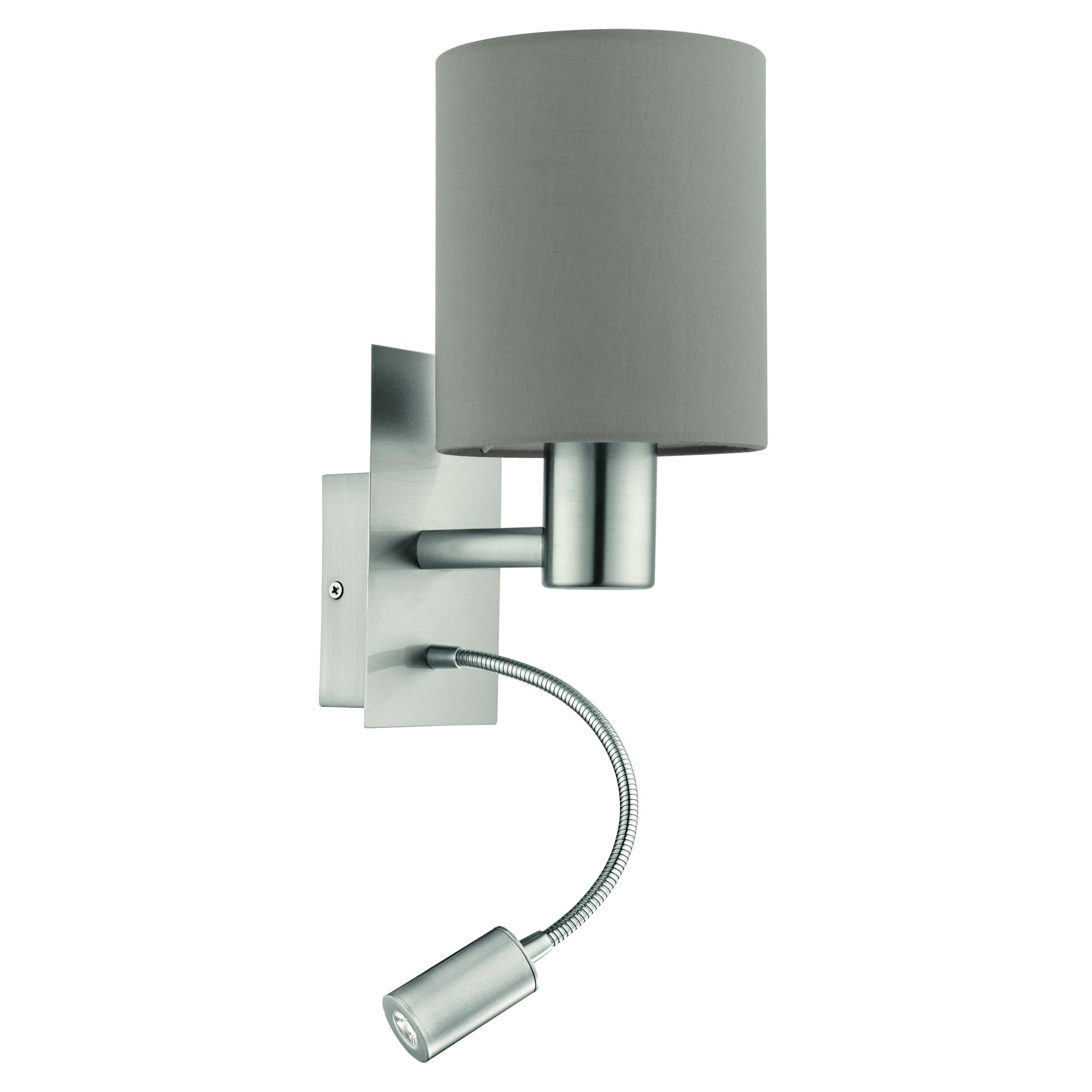 Eglo Wall Lamp Bed Pasteri, Textile wall Light for Bedroom with LED Reading Light, wall-Mounted Metal lamp in Silver and Taupe Fabric, E27 Socket