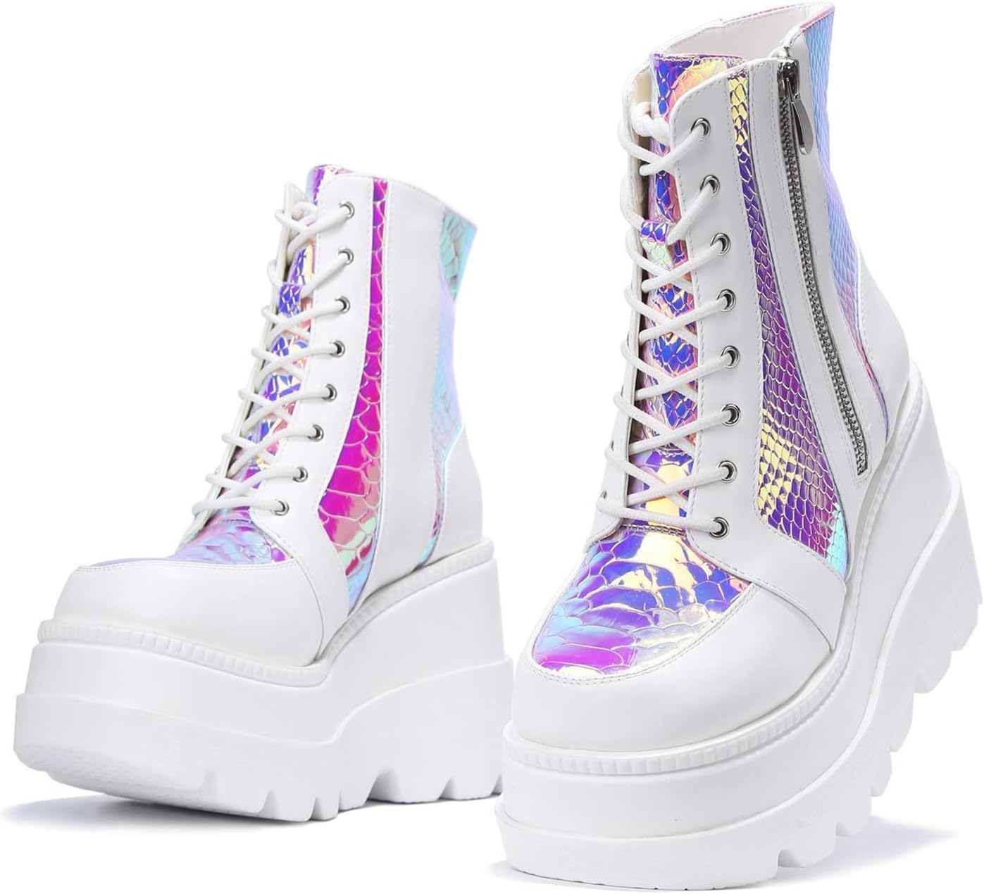 Holographic Platform Gothic Ankle Boots for Womem Combat Boots Lace Up Chunky Heel Wedge Booties Side Zip Punk Boots