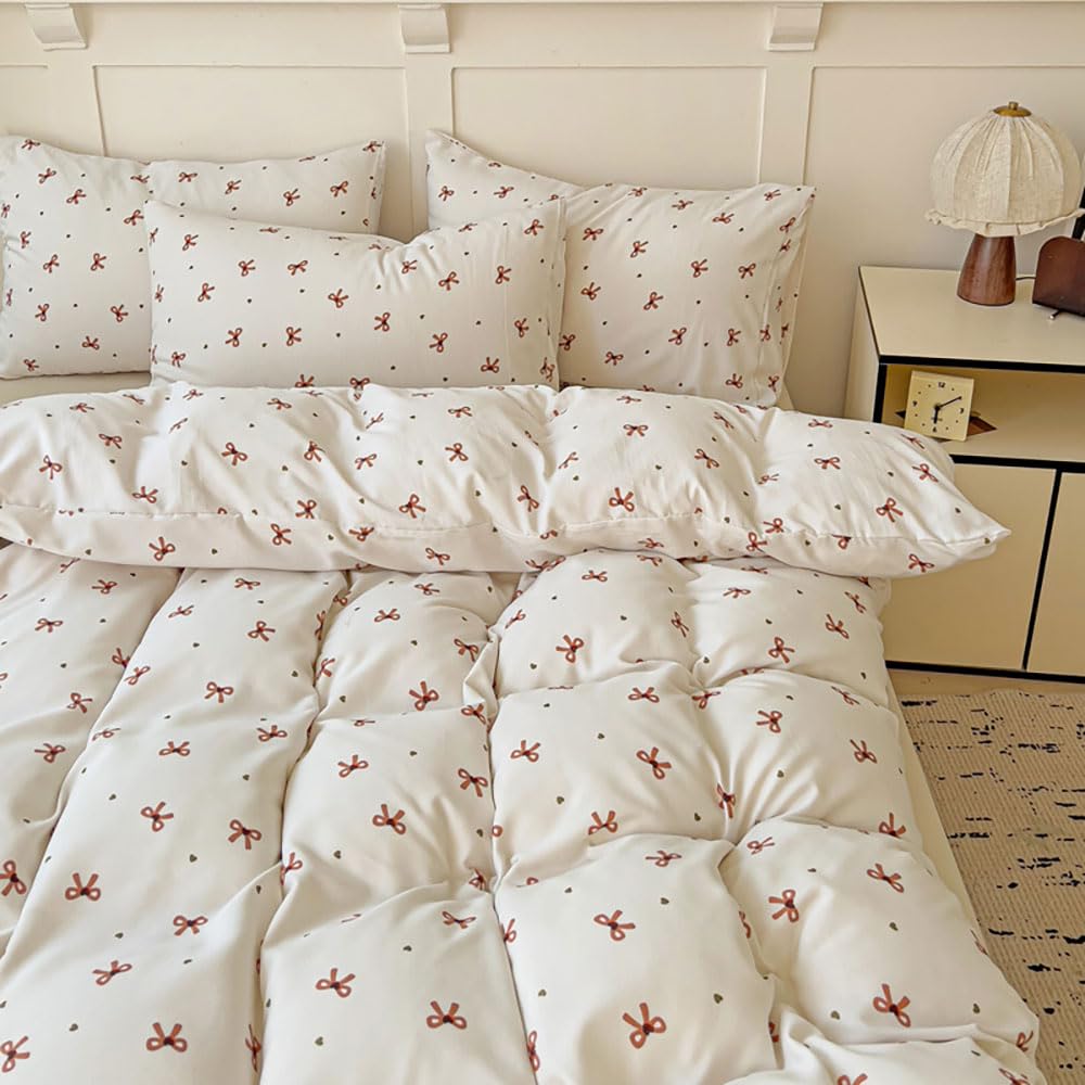 Covebett Duvet Cover Sets Double Bed White Brown Bow Bowknot Green Heart Microfiber Bedding Set Cute Aesthetic Girls Women Bows Hearts Quilt Cover 200x200 with Zipper Closure and 2 Pillowcases 50x75cm โ image 1