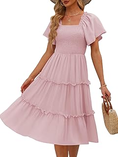 Women's Summer Casual Flutter Sleeve Square Neck Smocked Midi Dress - Buy now