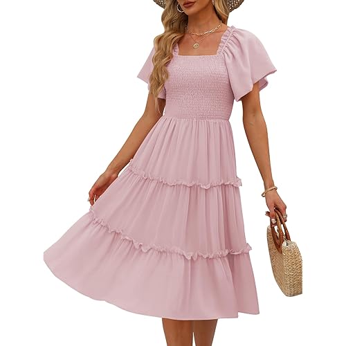 LILLUSORY Women's Summer Casual Flutter Sleeve Square Neck Smocked Midi Dress