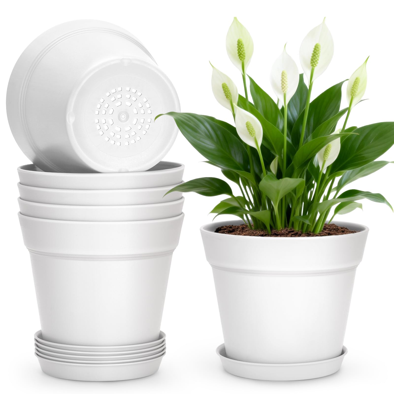 KINGLAKE 15cm Blumentöpfe mit Untersetzer - 6 Stück Pflanztöpfe Klein, übertopf Pflanztopf, Blumentopf Kunststoff Set, Topf Kleine Flower Pot für Pflanzen Kakteen Kräuter-Weiß