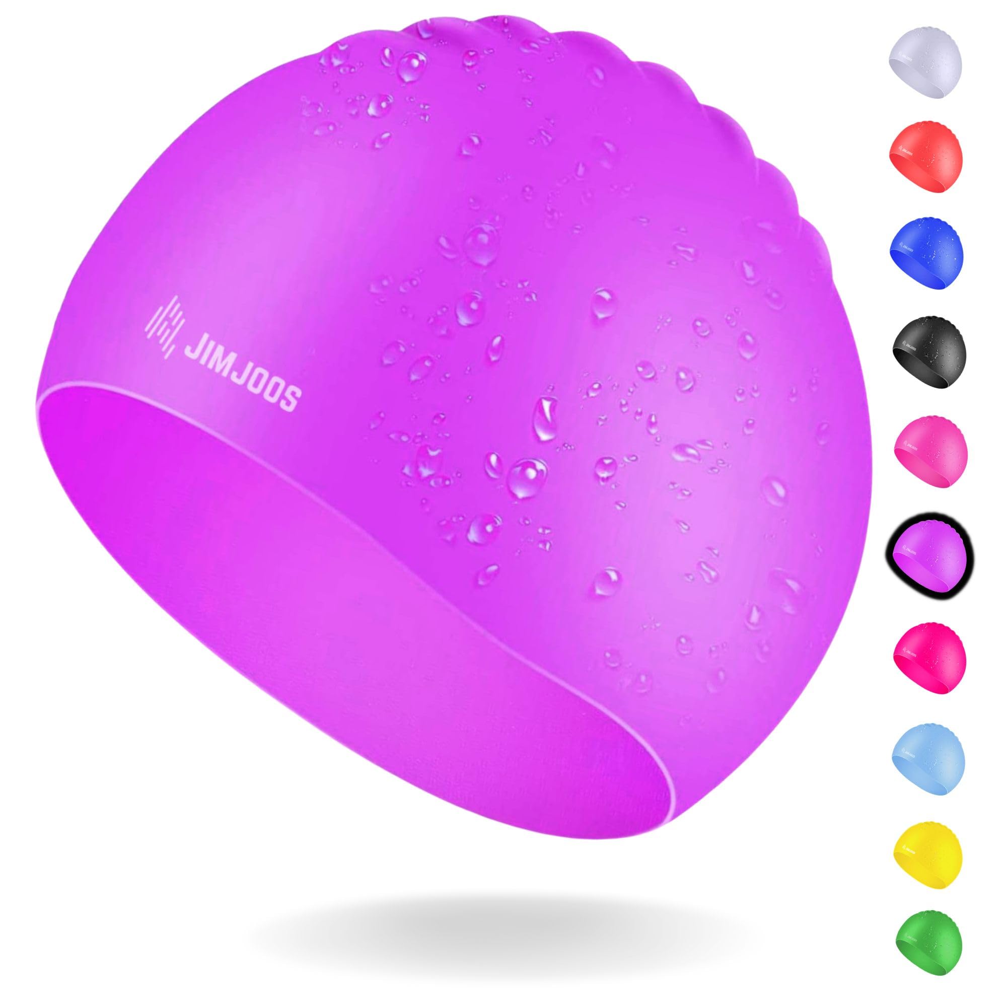 JIMJOOS Kids Swimming Cap 3–14 Years - Silicone Swim Cap for Boys & Girls - Anti-Slip, Stretchable, Waterproof Swimming Hat - Durable, Odour-Free Swim Hat with Protective Pouch (PURPLE, 9-14 Years)