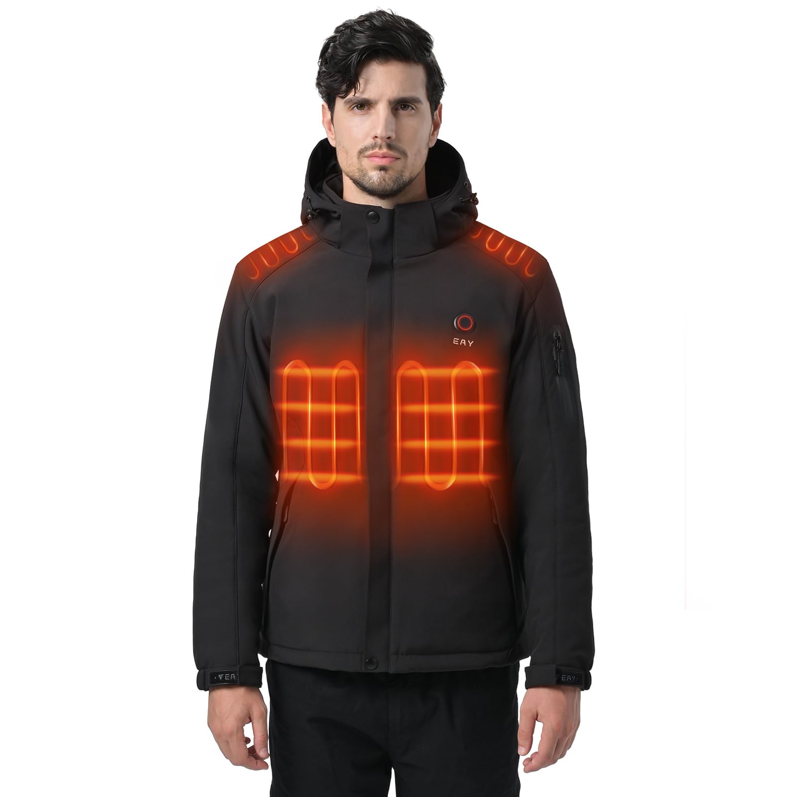 EAYMen’s Heated Jacket with Battery Pack 7.4V and Detachable Hood, Rechargeable Waterproof Eletric Heated Coat for Men
