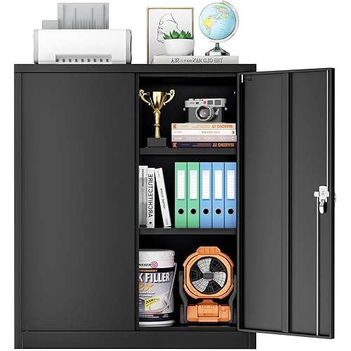Superday 42” Locking Garage Storage Cabinet, Black Metal Storage Cabinet with Locking Doors and Adjustable Shelves, Steel Lockable Storage Cabinet, Tool Cabinet for Home Office Garage School