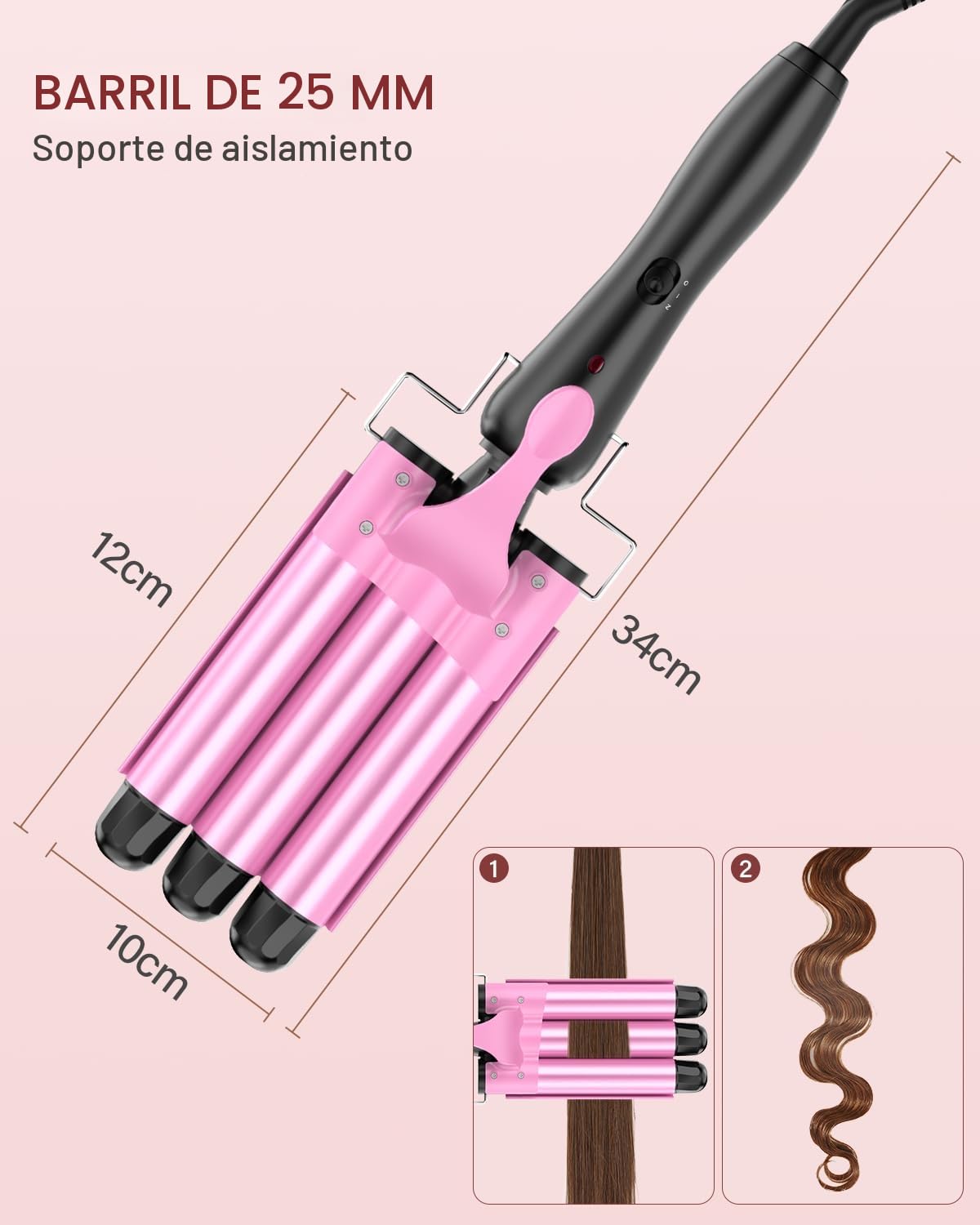 BESTOPE RAY Plancha Pelo Ondas Plancha 3 Barriles, 25mm Rizadora de Pelo, Plancha Ondas, PTC calentamiento rápido 2 temperaturas 150°C/210°C, rosa