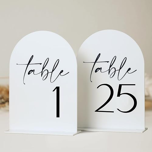 Miniatura 31 de HOODO Mesa de boda de arco blanco números 1-15 con soportes, letreros y soportes acrílicos arqueados de 5 x 7 pulgadas, números de mesa de arco