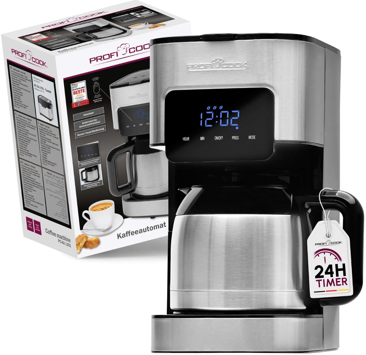 Profi Cook Machine à café avec thermos - avec minuterie pour un café frais le matin - Thermos à double paroi avec fermeture aromatique, Machine à café filtre en acier inoxydable PC-KA 1191