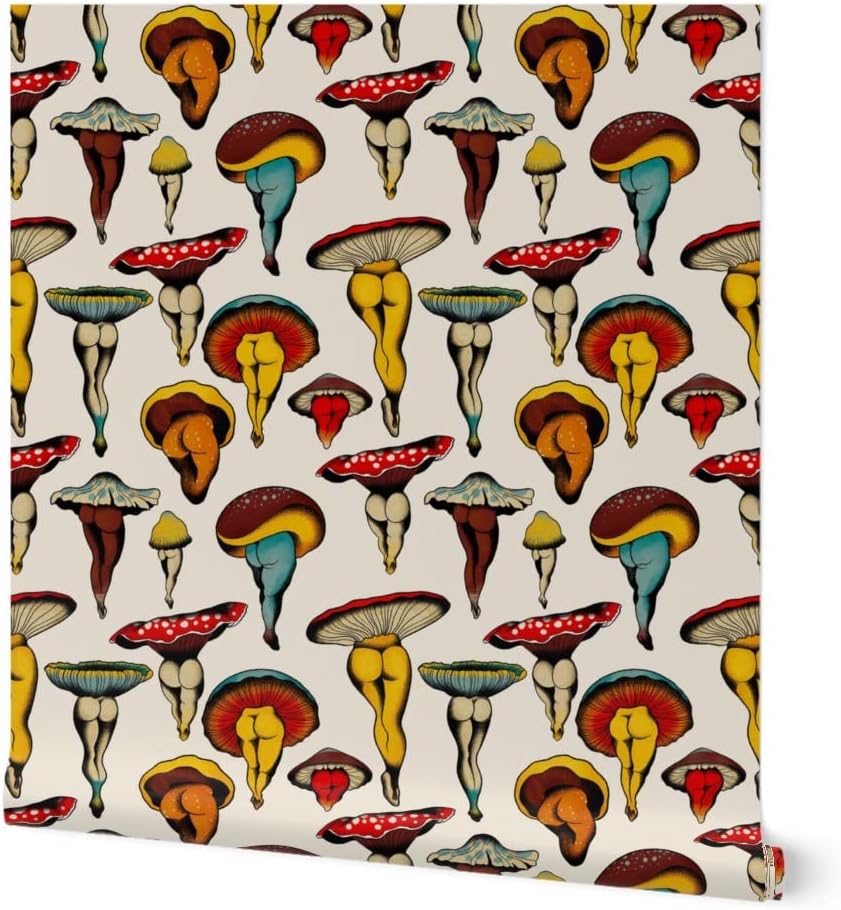 Removable Wallpaper 9ft x 2ft - Mushroom Booty Vintage Cute Kitsch Cottagecore Colorful Retro Custom Pre-Pasted Wallpaper by Spoonflower