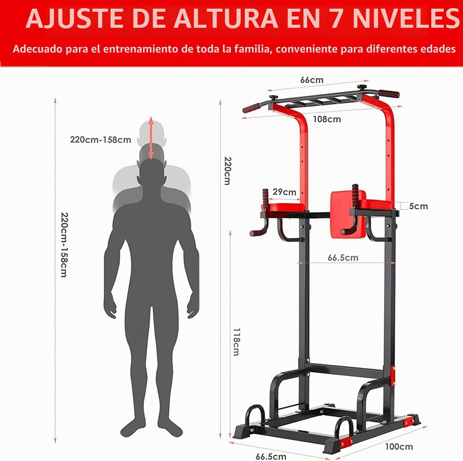 Maquina Dominadas, Estación de Musculación, para entrenamiento de fuerza de todo el cuerpo, Power Tower, de tracción de acero, Max. Carga 150kg