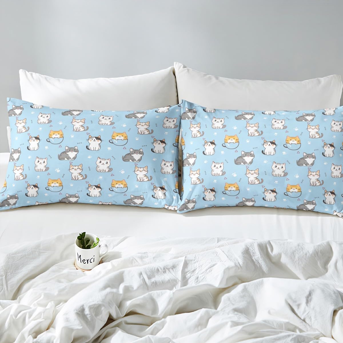 Erosebridal Lovely Animal Bed Set Kids Cat Duvet Cover for Kids, Cute Kawaii Bedding Set King Pastel Blue Comforter Cover, Kitten Pet Bed Cover Cartoon Animal Themed Room Decorative Lightweight