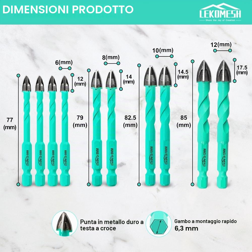 Punte per Gres Porcellanato - Set 10 Pezzi Punte Trapano Diamantate 6mm*4+8/10/12mm per Legno, Plastica, Muratura, Attacco Esagonale a Cambio Rapido