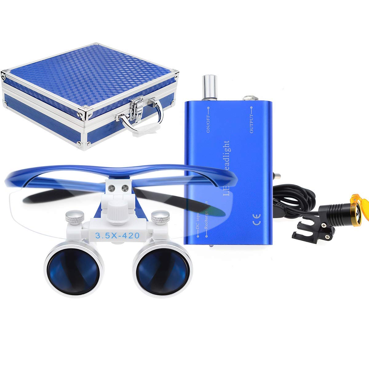 BONEW 3,5 x Dental-Fernglaslupe + 3 W LED-Scheinwerfer mit Filter + Aluminiumbox, Blau