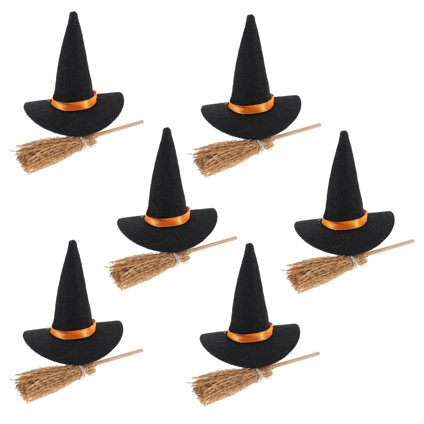 WOONEKY Set di 6 Mini Cappelli da Strega in Feltro 6 Mini Scope in Legno per Decorazioni di Halloween Fai da Te e Atmosfera Festiva per Interni