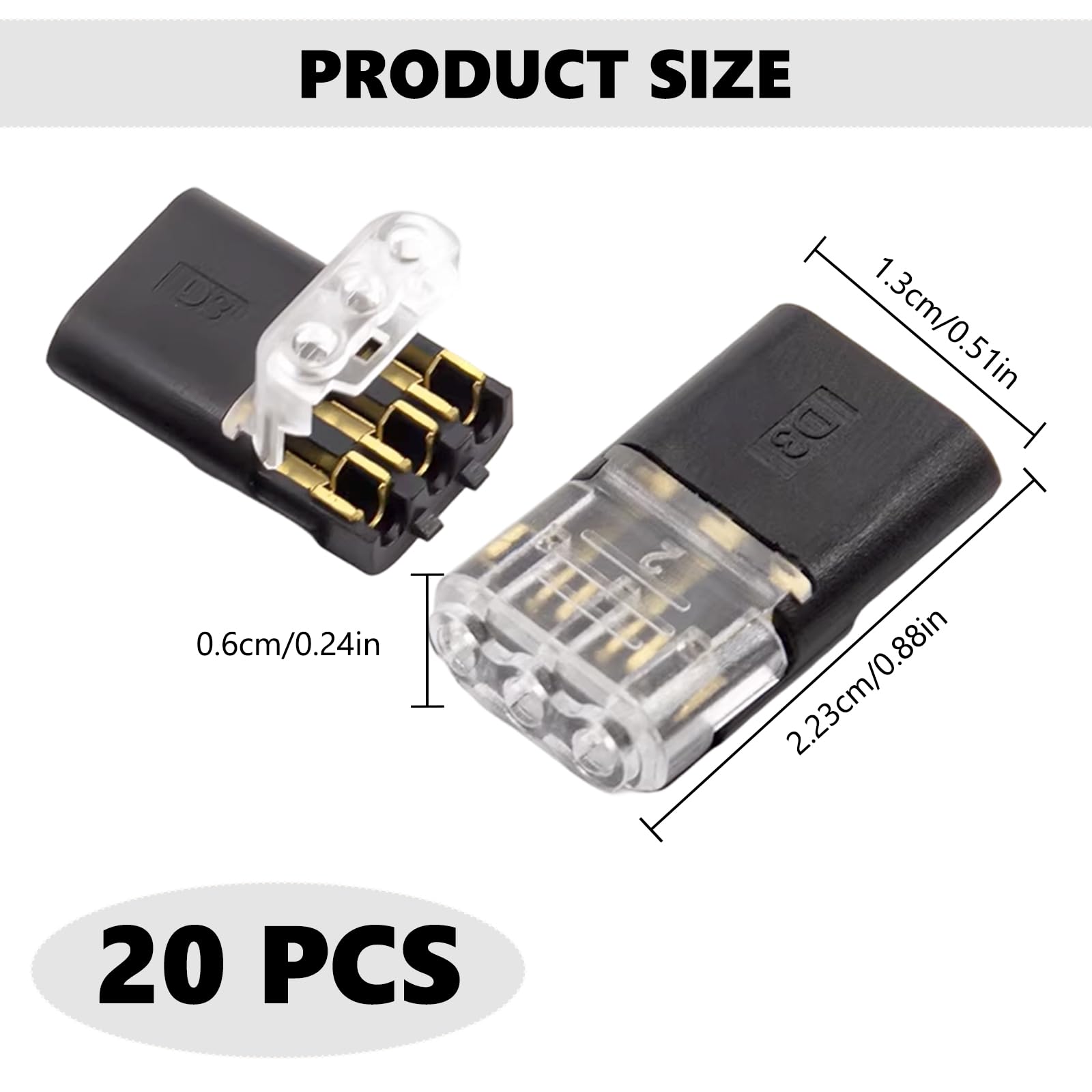 20 Pezzi Connettore, Connettori Cavo 3 Pin, Connettori Elettrici Rapidi, per Fili 18-22 AWG, Terminali Elettrici LED, Auto, Bassa Tensione