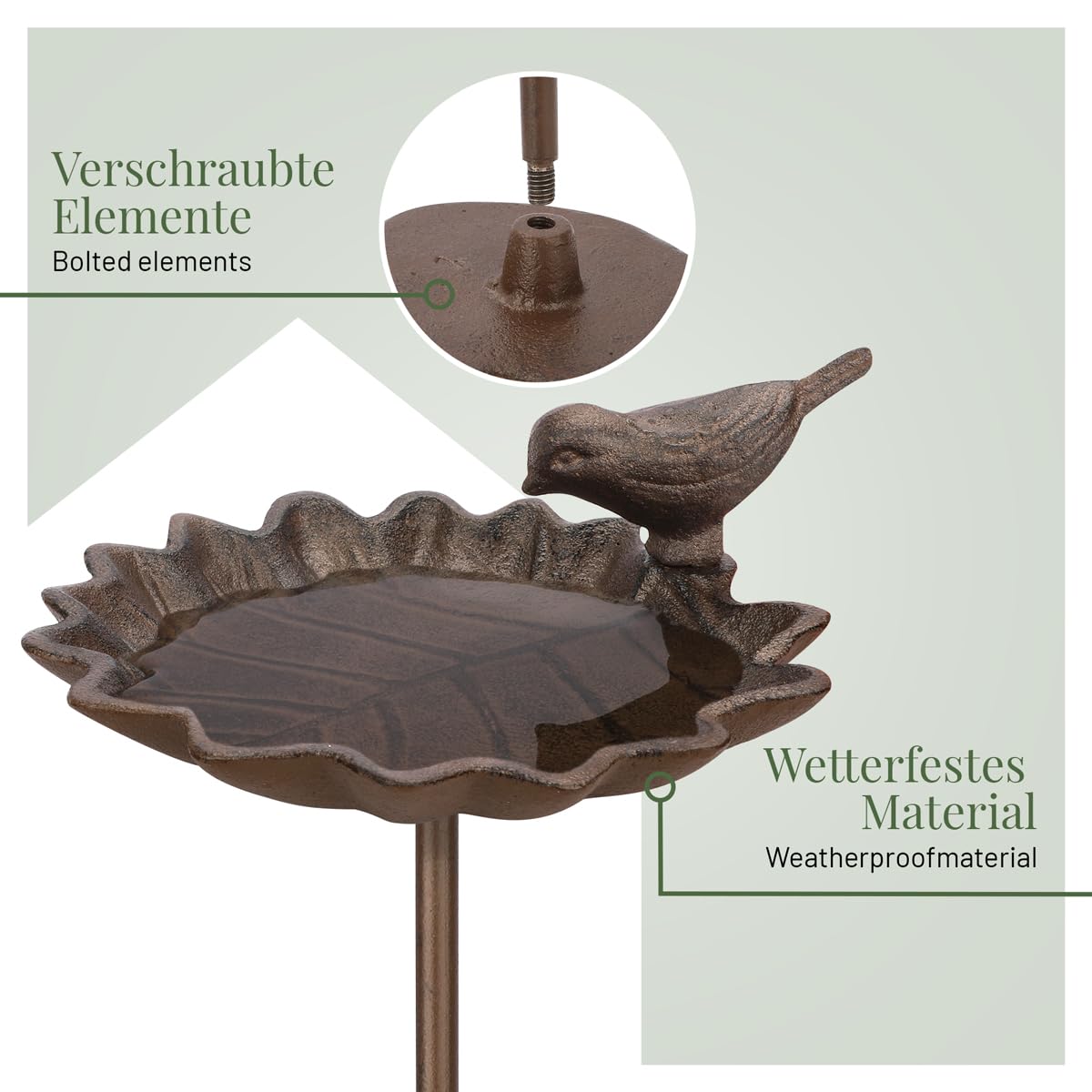 wildlife home Bebedero para pájaros de pie grande sobre barra, bebedero para pájaros con estaca para jardín, balcón, baño para pájaros de hierro fundido, resistente a las heladas, bebedero de agua