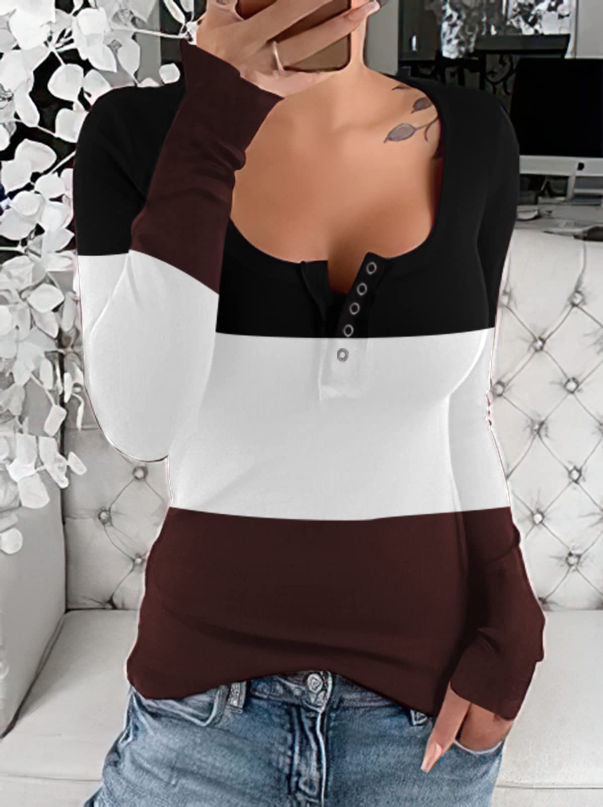 Hauts à manches longues boutonnées pour femme - Col rond - Hauts ajustés - Décontracté - Automne Henley, Noir + chocolat, Taille M