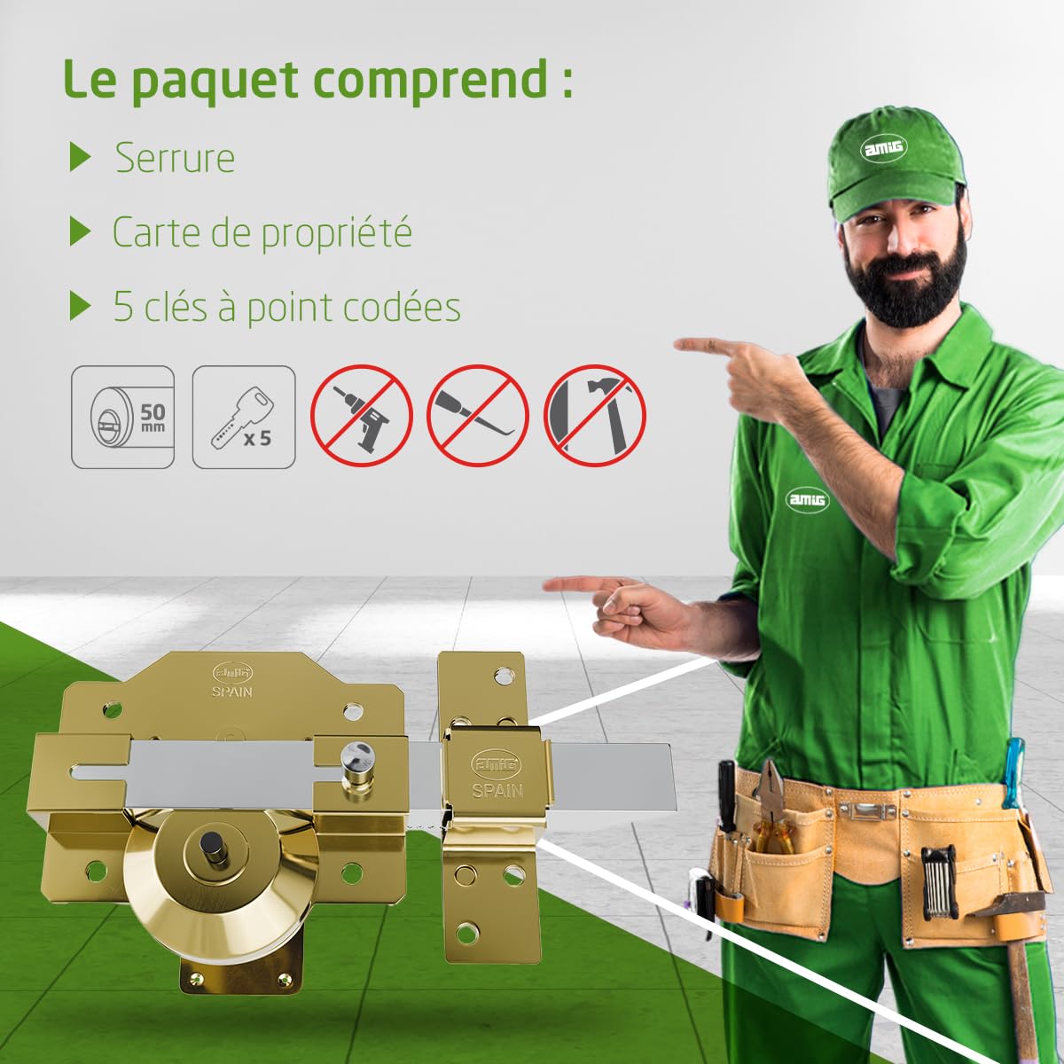 Amig - Verrou de Haute Sécurité à Loquet | Cylindre 50 mm | 90 x 154 mm | Acier | Or | Anti-bumping et Anti-perçage | Fermeture à Gauche