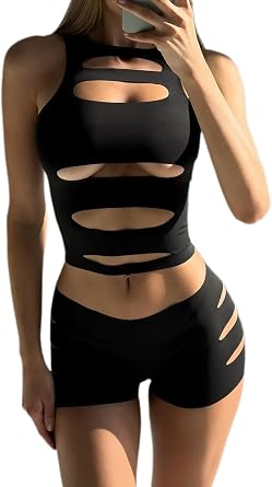 ksotutm Sexy Club Outfits for Women Hollow Sleeveless Tank Tops Bodycon Shorts Y2k Festival Black 2 Piece Sets