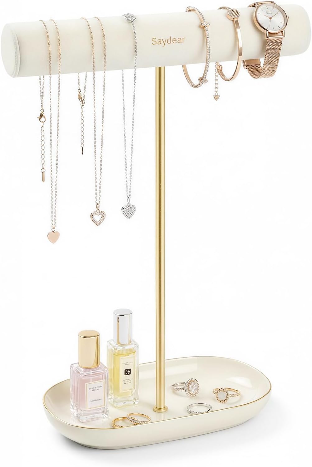 Saydear Velvet Jewelry Organizer Stand, T-Bar Necklace Holder with Ceramic Ring Dish Tray, Watch & Bracelet Display Organizer for Vanity, Dresser, Nightstand, Luxury Gift for Women White
