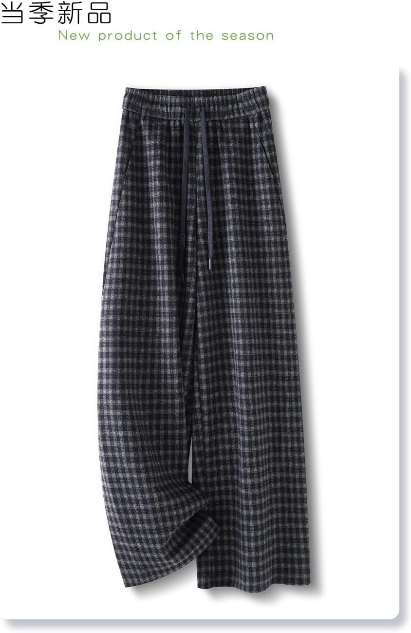 Women's Fall Drawstring High Waist Loose Plaid Straight Casual Wide Leg Pants