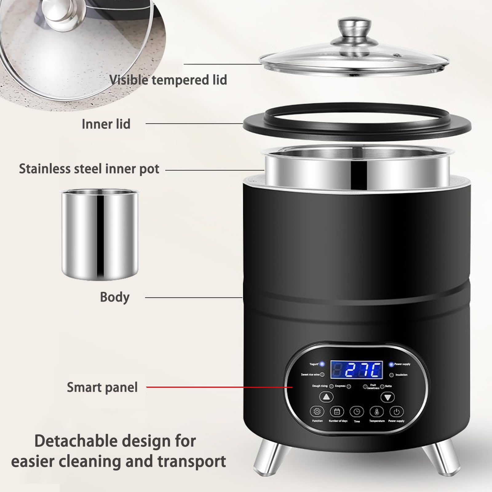 Yogurtera Comercial de 8L/12L con Control de Temperatura 25°C-80°C, Máquina de Fermentación Automática para Yogur y Natto Caseros con Temporizador y Funciones de Seguridad black 8L / 2.1 gal