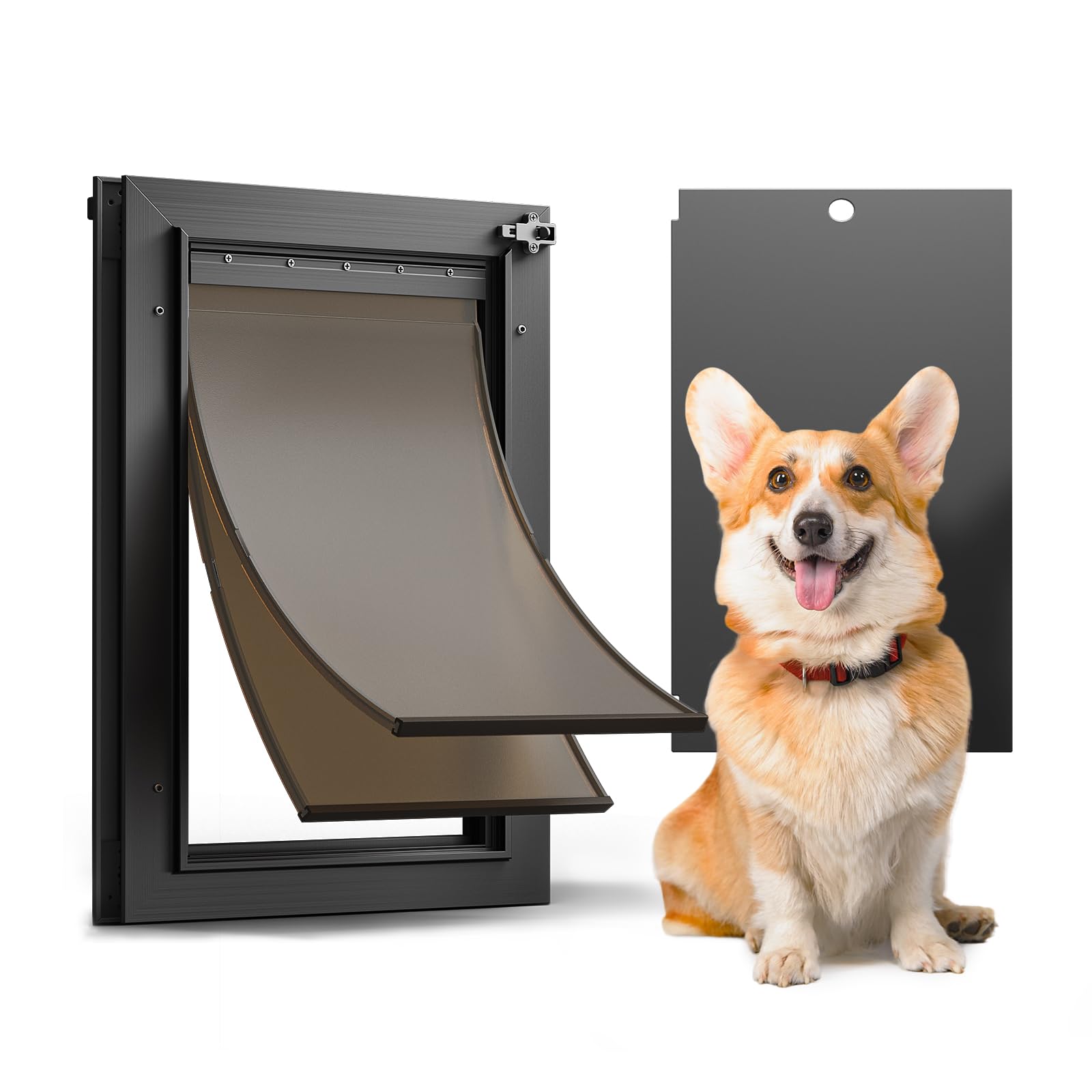 dog door for door, doggy door doggie door, medium dog door all aluminum black, heavy duty pet door, double magnetic flaps, thermal tnsulation, energy efficient, sliding lock panel (pets up to 45lb)