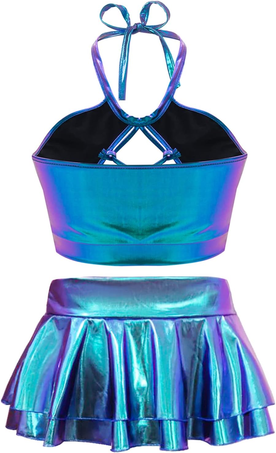 Women's Rave Outfit Sets For Women Festivals 2 Pcs Metallic Tops Skirt EDM Party Club Holographic Rave Outfits - Image 2