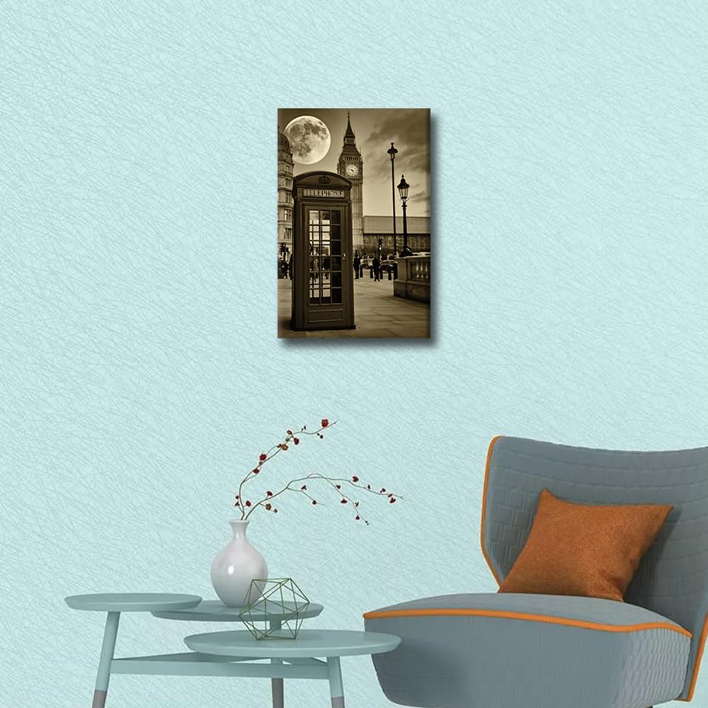 Black and White London The Big Ben Canvas Wall Art England Cityscape Painting Moon and A Phone Booth Pictures for Living Room Framed Stretched Ready to Hang 24x16 inch - Image 2