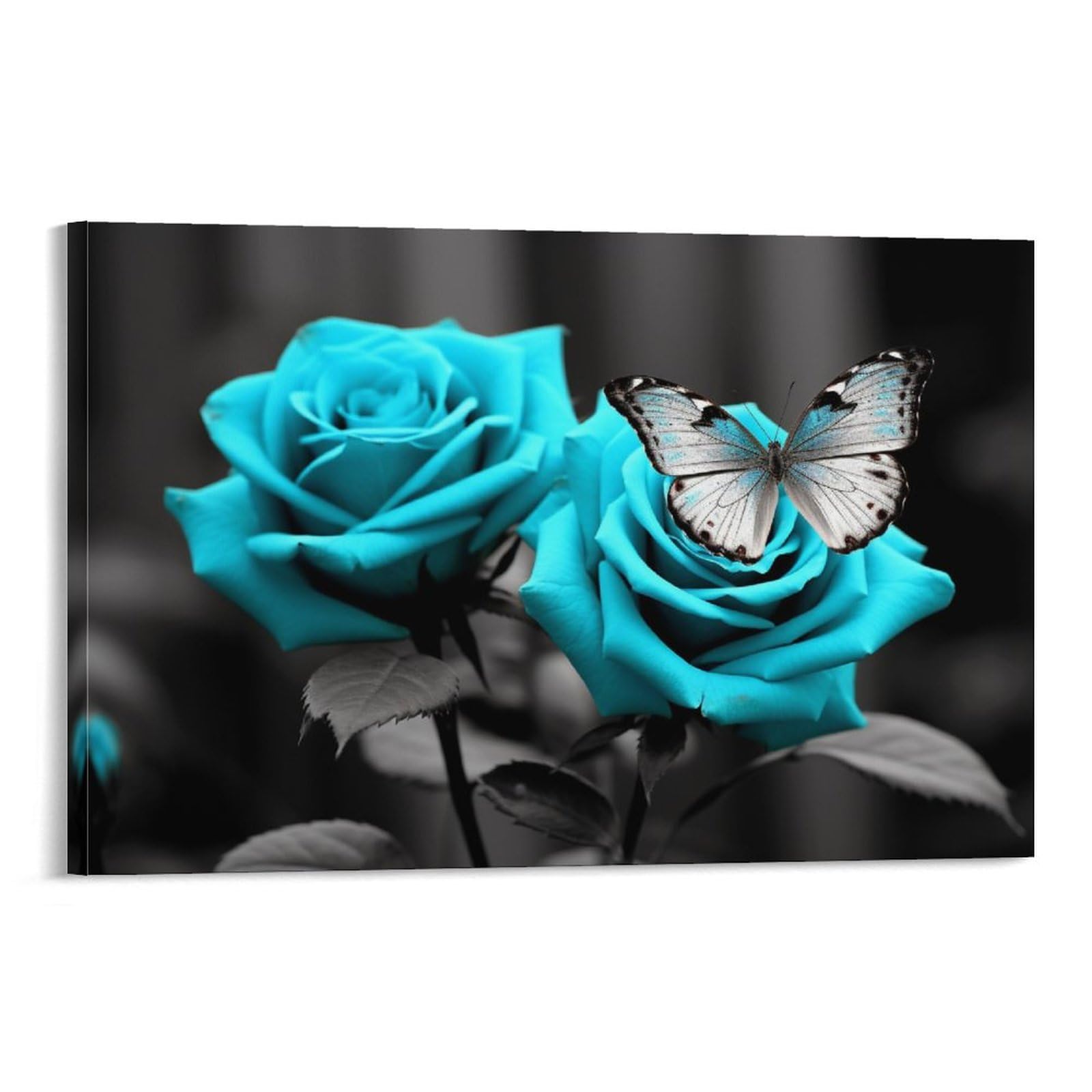 AYAROS Light Blue Rose Canvas Wall Art for Bedroom Beautiful Butterfly Nature Plant Contemporary Wall Decor Poster for Room Aesthetic Framed 08x12 inch