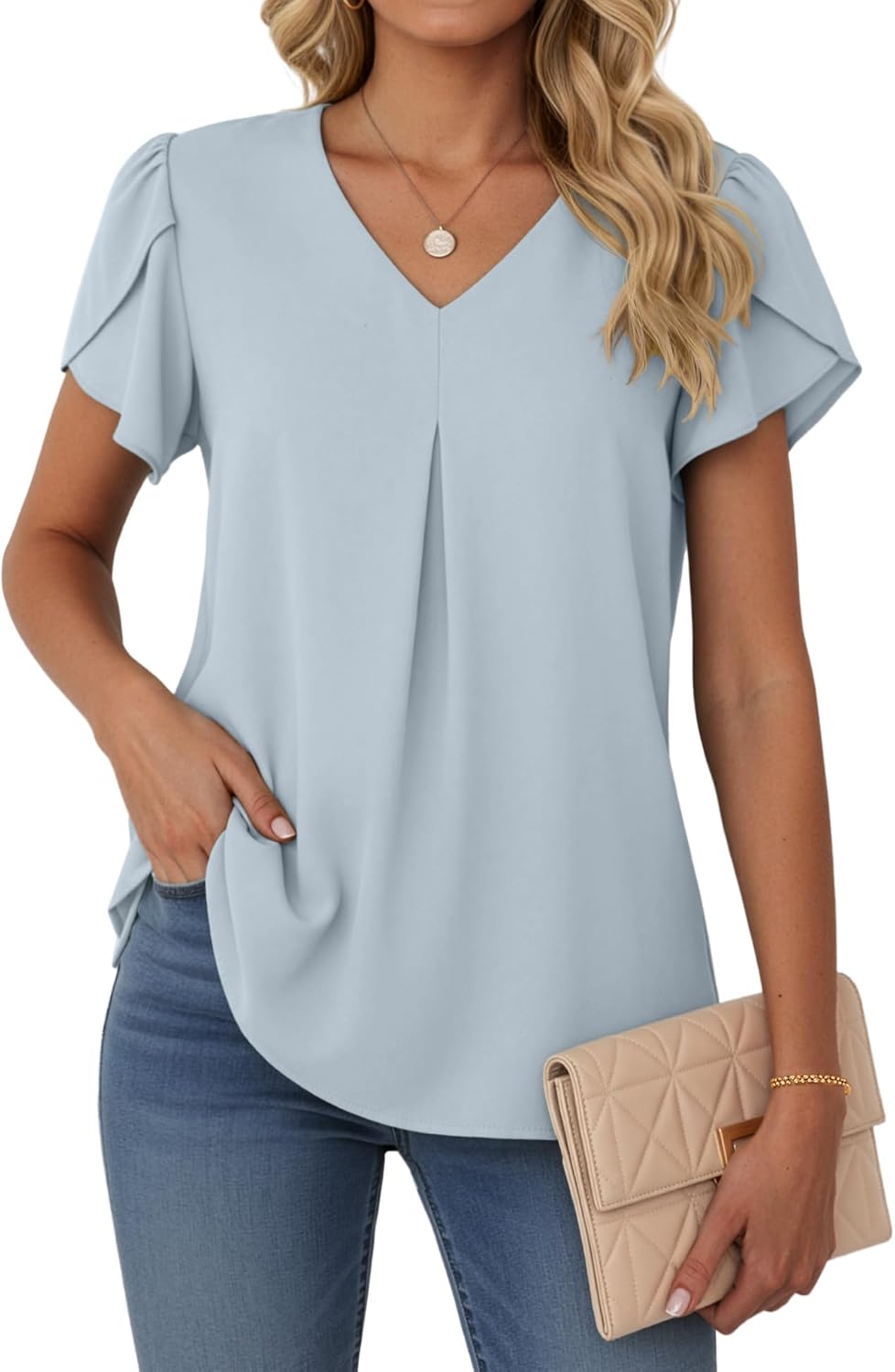 Lepunuo Womens Spring Tops Summer Dressy Casual V Neck Short Sleeve Blouses Flowy Shirts Business Work Tunic Tops