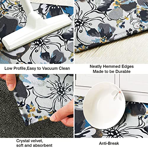 Cocobelin Modern Blue Large Flower Kitchen Rugs And Mats 2 Pieces,Blue Boho Bathroom Rug,Non Slip Cushioned Mat Runner Rug Doormat For Boho Kitchen,Sink,Laundry,Bathroom,Home Decor,17X30+17X47Inch #TOP4