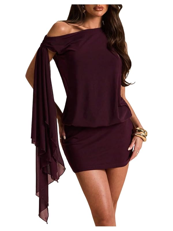 OYOANGLE Women's Off the Shoulder Bodycon Mini Dress Ribbon Cocktail Party Going Out Dresses Purple Large by OYOANGLE - Used condition - US$37.03