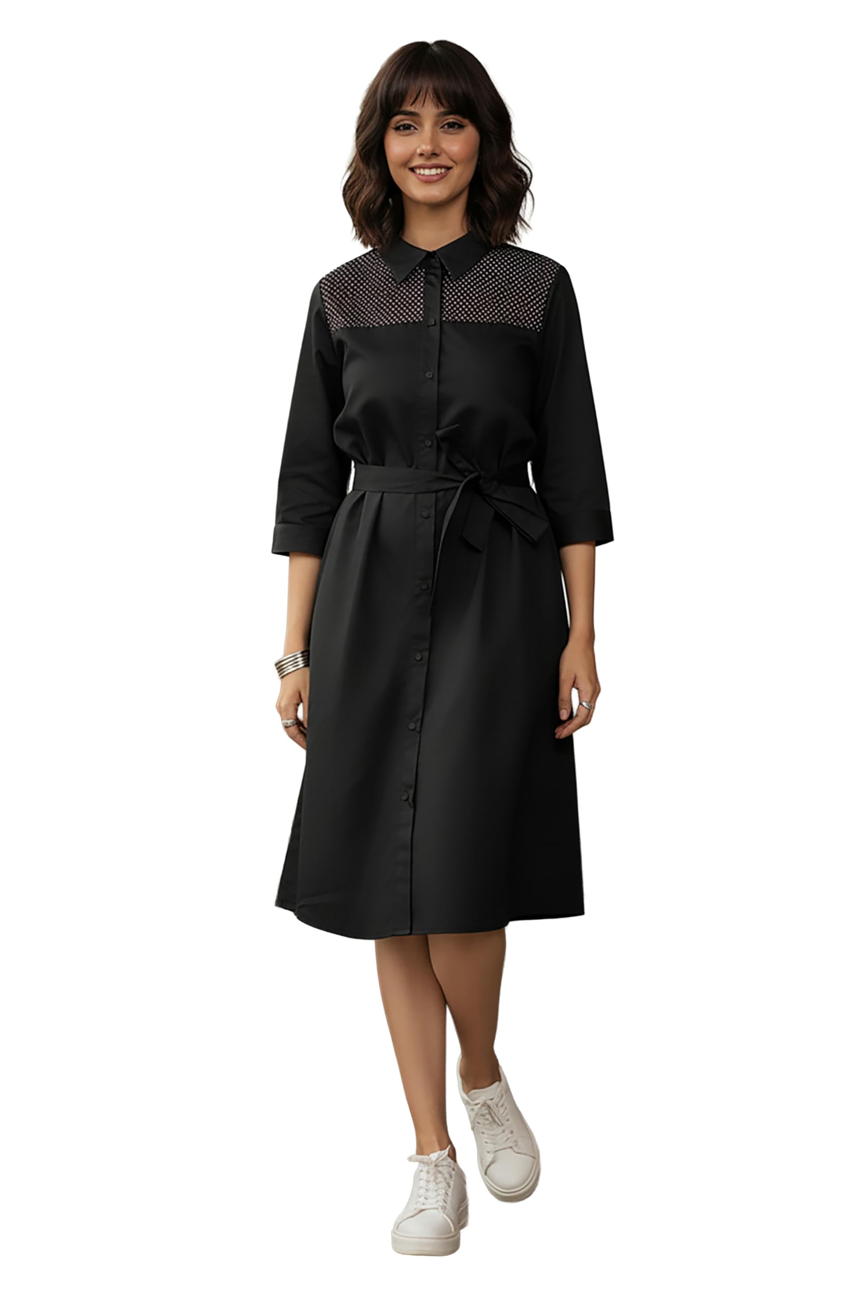 Janasya Women's Black Cotton Embellished A-line Button Down Shirt Dress in black
