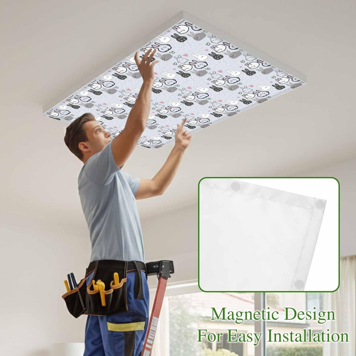 2x4 ft Fluorescent Light Cover for Ceiling Happy Easter Cartoon Rabbit Sketch Magnetic Light Filters, Cute Bunny Hearts on Blue Ceiling Lampshades for Home School Office 4Pcs