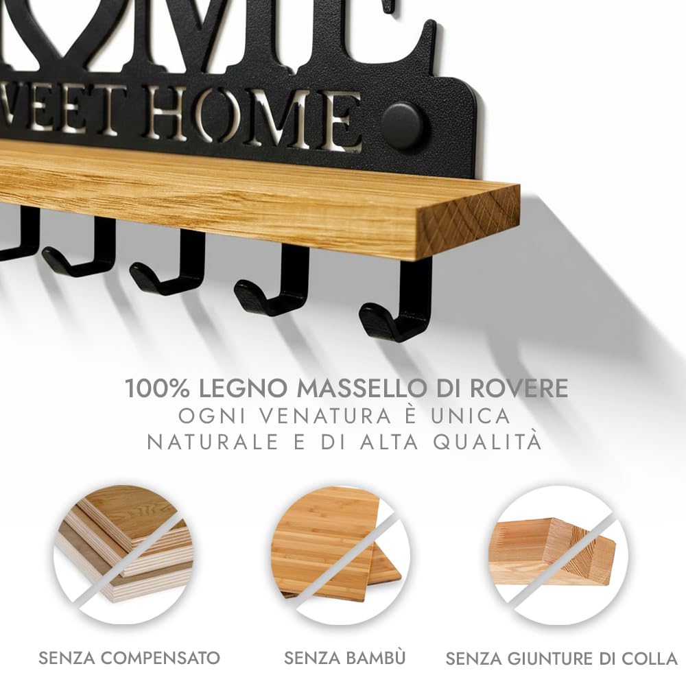Portachiavi con Mensola in Legno Massello e Metallo – Organizer da Parete con 8 Ganci – Targa Home Sweet Home per l’ingresso