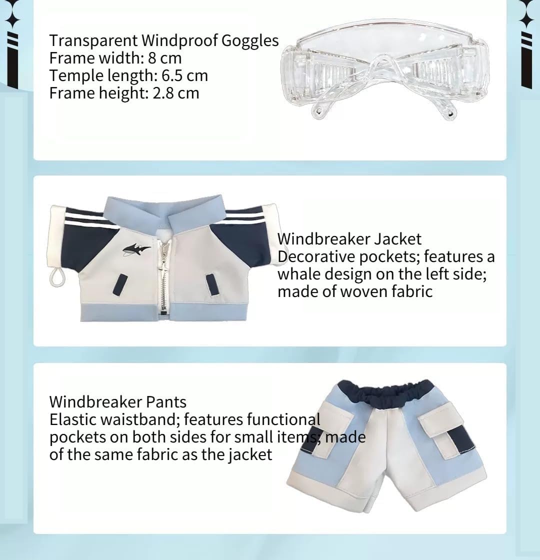 20cm Cotton Doll Clothes 3-Piece Outfit Set for Plush Dolls, Clear Goggles, Zip-Up Jacket and Shorts, Sporty Color-Block Doll Clothing