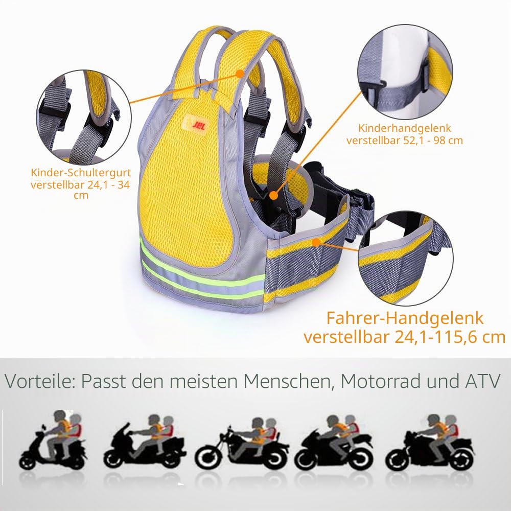 Jolik Kinder Motorrad Sicherheitsgurt mit 4 - in - 1 Schnalle atmungsaktives Material mit Reflektierendes Material —kinder motorrad gurtzeug（Gelb）