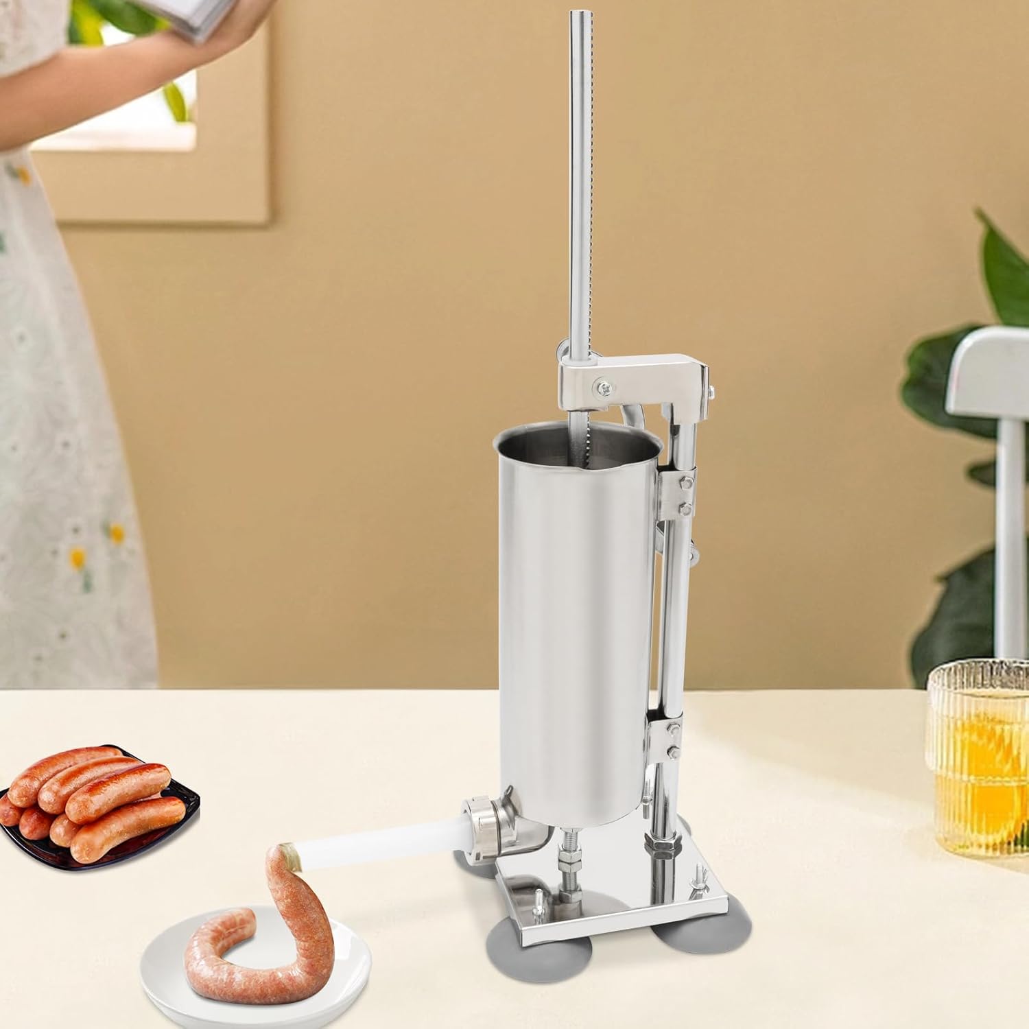 8LBS/3.5L Manual Sausage Stuffer, Stainless Steel Sausage Maker with 8 Stuffing Tubes, Vertical Sausage Casing Meat Filling Machine for Professional Commercial & Home Kitchen Use