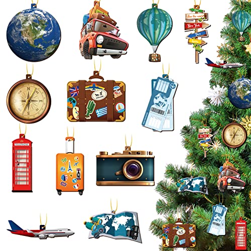 Lauwell 48 Pieces Christmas Travel Ornaments Tree Luggage Wood World Map Airplane Suitcase Camera Ticket Ornament Signs for Holiday Decor