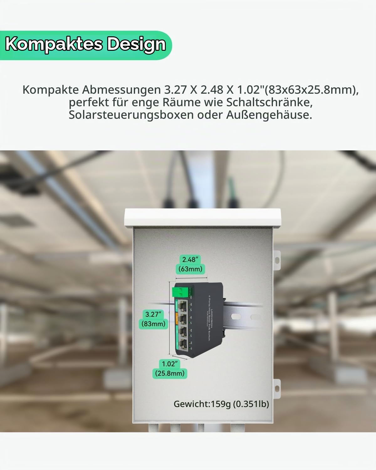 LINOVISION 4 Ports Mini Solar PoE Switch arbeitet direkt mit DC12V oder DC24V Batterien, bietet 2 PoE+ Ports, 1 High PoE+ Port für große PTZ Kameras und 1 Passiver 24V PoE Port für Wireless Bridge