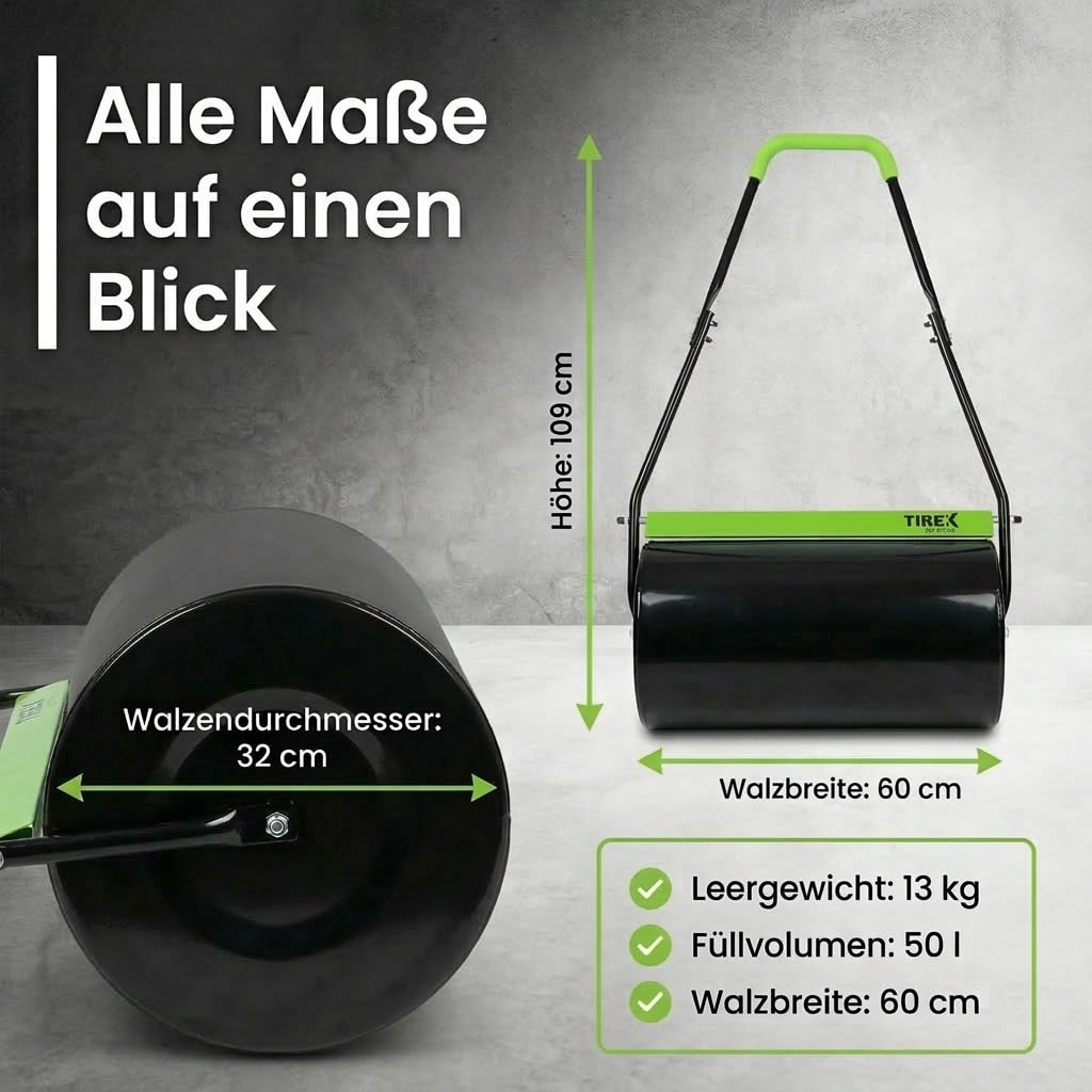 TIREX by xonic® Rasenwalze, Gartenwalze aus Metall, Befüllbar bis 50L, Handwalze für Garten und Rasen (Grün)