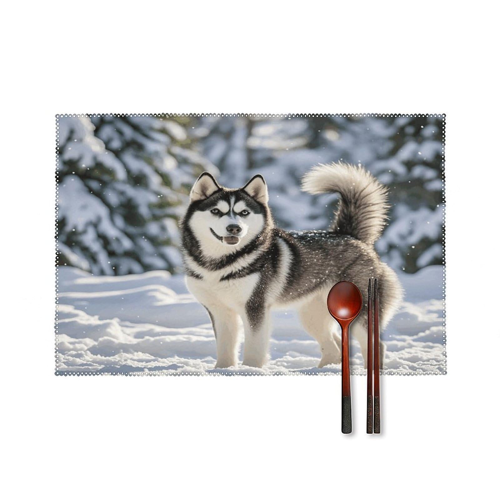 Husky in Snow Dog Placemats Set of 6 Heat Resistant Non-Slip Table Mats Washable Indoor Outdoor Place Mats Rustic Vintage Seasonal Placemat for Kitchen Dining Outdoor Party Table Decor