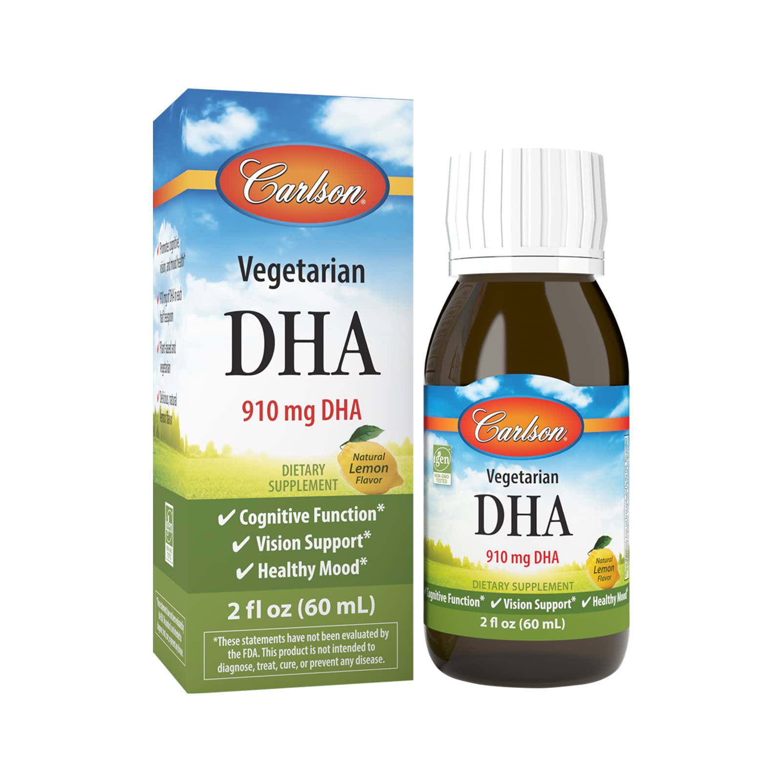 Carlson Vegetarian DHA, 910 mg, DHA, Plant-Based, Lemon, 60 mL (2 Fl oz)