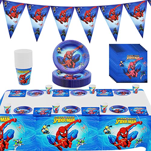 Spiderman Vajilla de Fiesta 62 Pcs,Spiderman Vajilla de Cumpleaños,Spiderman Suministros de Fiesta,Spiderman Cumpleaños Fiesta Decoración,Plato,Servilleta de Papel,Taza,Mantel,Niños Fiesta Cover