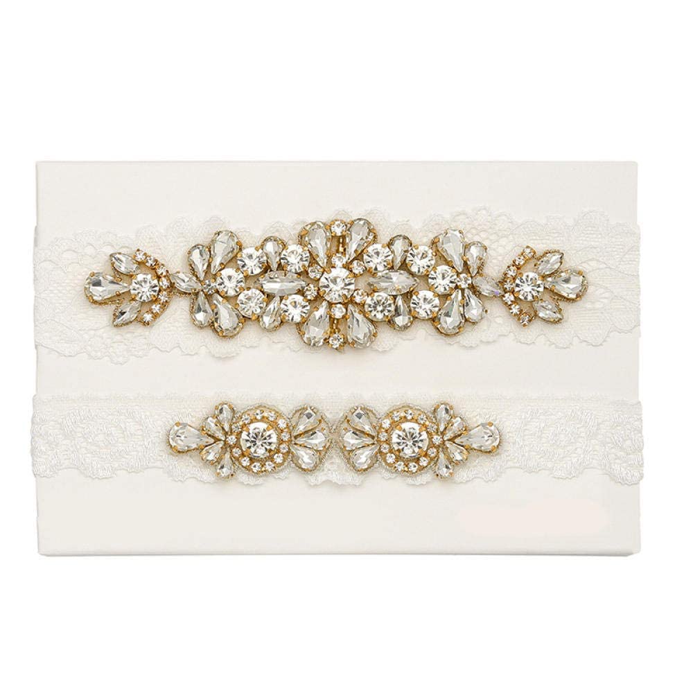 Koronkowa podwiązka z akcesoriami ślubnymi dla nowożeńców Crystal Rhinestone Lace Leg Ring podwiązka-biały_L, prezenty spersonalizowane podwiązki (biały L) (złoty XX)